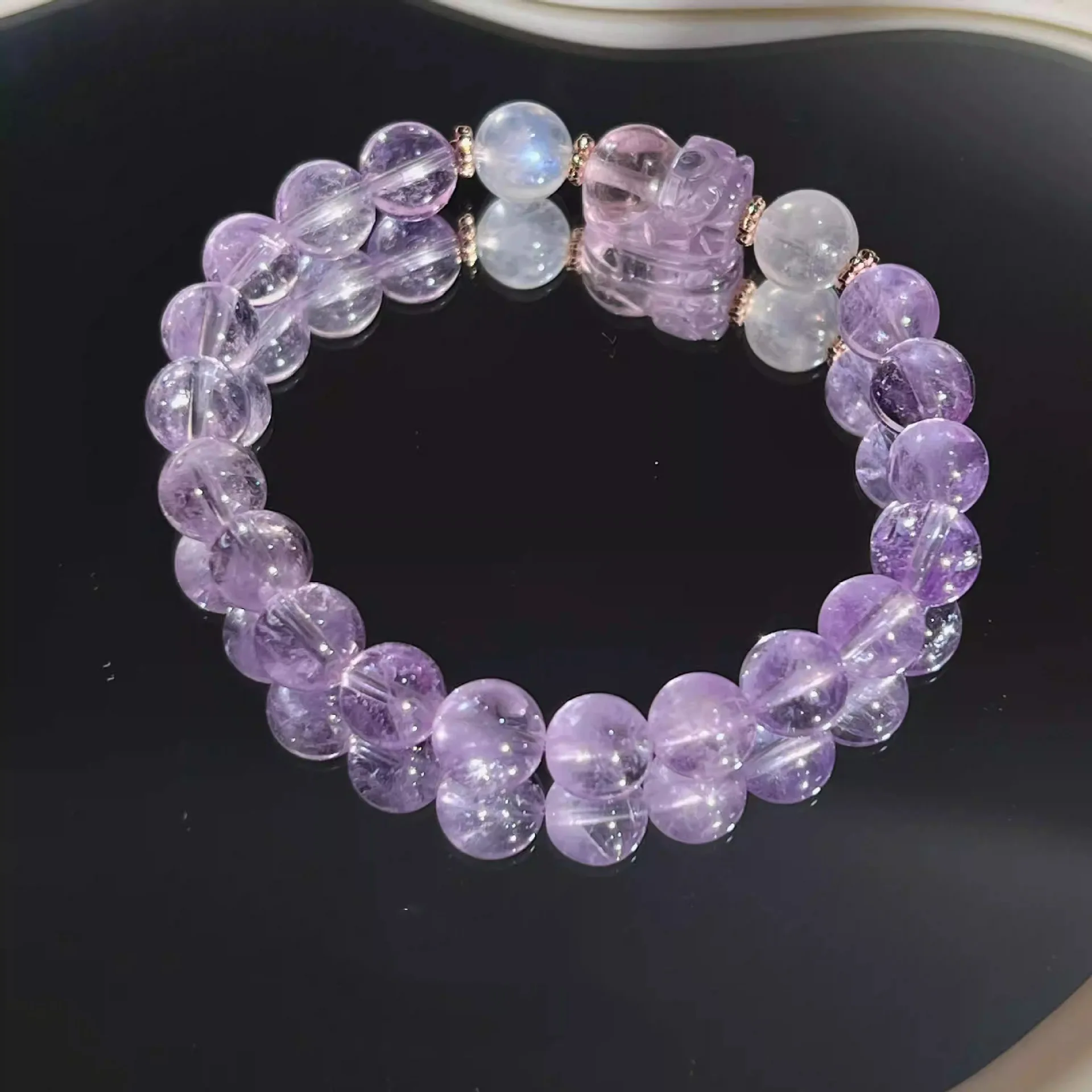 Chinese Style Natural Amethyst Azeztulite Blue Moonstone Bracelet Hand Carved Pixiu Luck Wealth Blessing Jewelry For Women Ideal