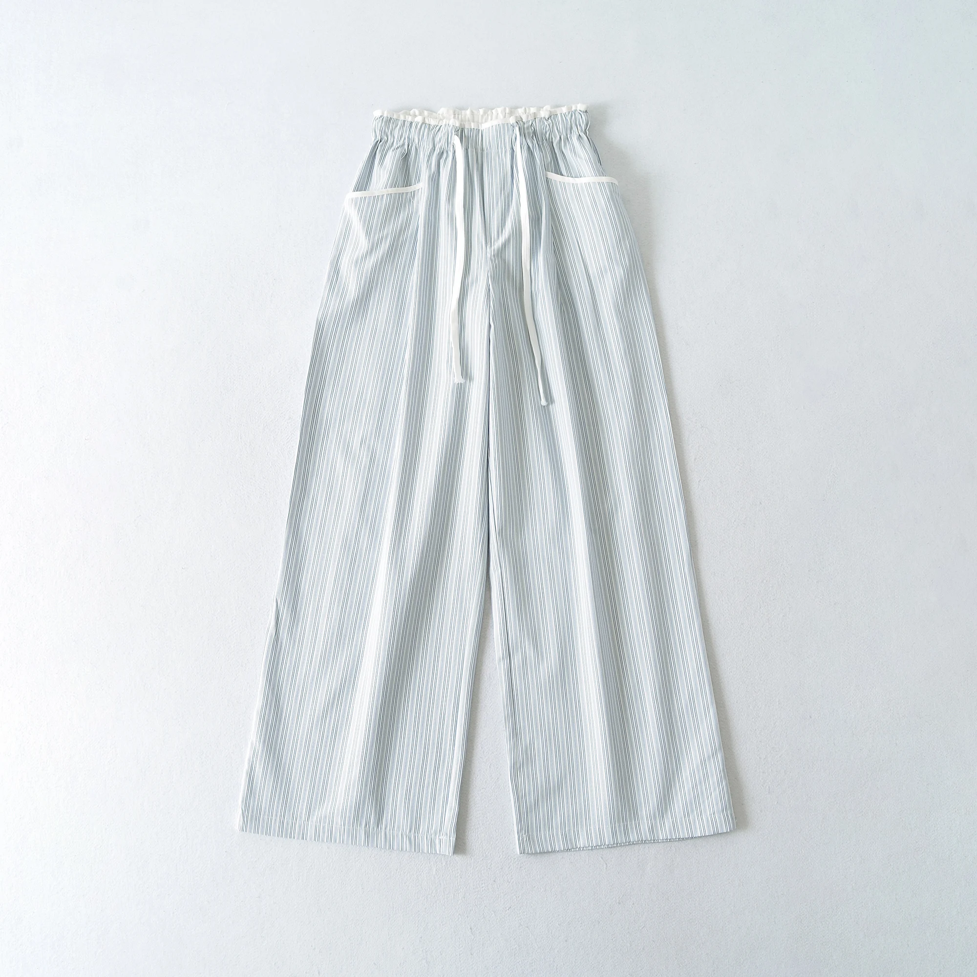 Summer White Blue Vertical Strips COTTON Wide leg Pants Women Rope Drawstring Elastic Waist Loose Casual Floor Length Trousers