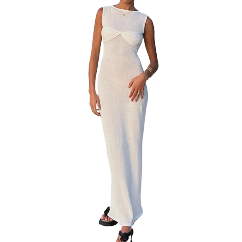 Robe maxi taille haute à col rond pour femmes, torsadée, fibre transparente, batterie, longue, sexy, élégante