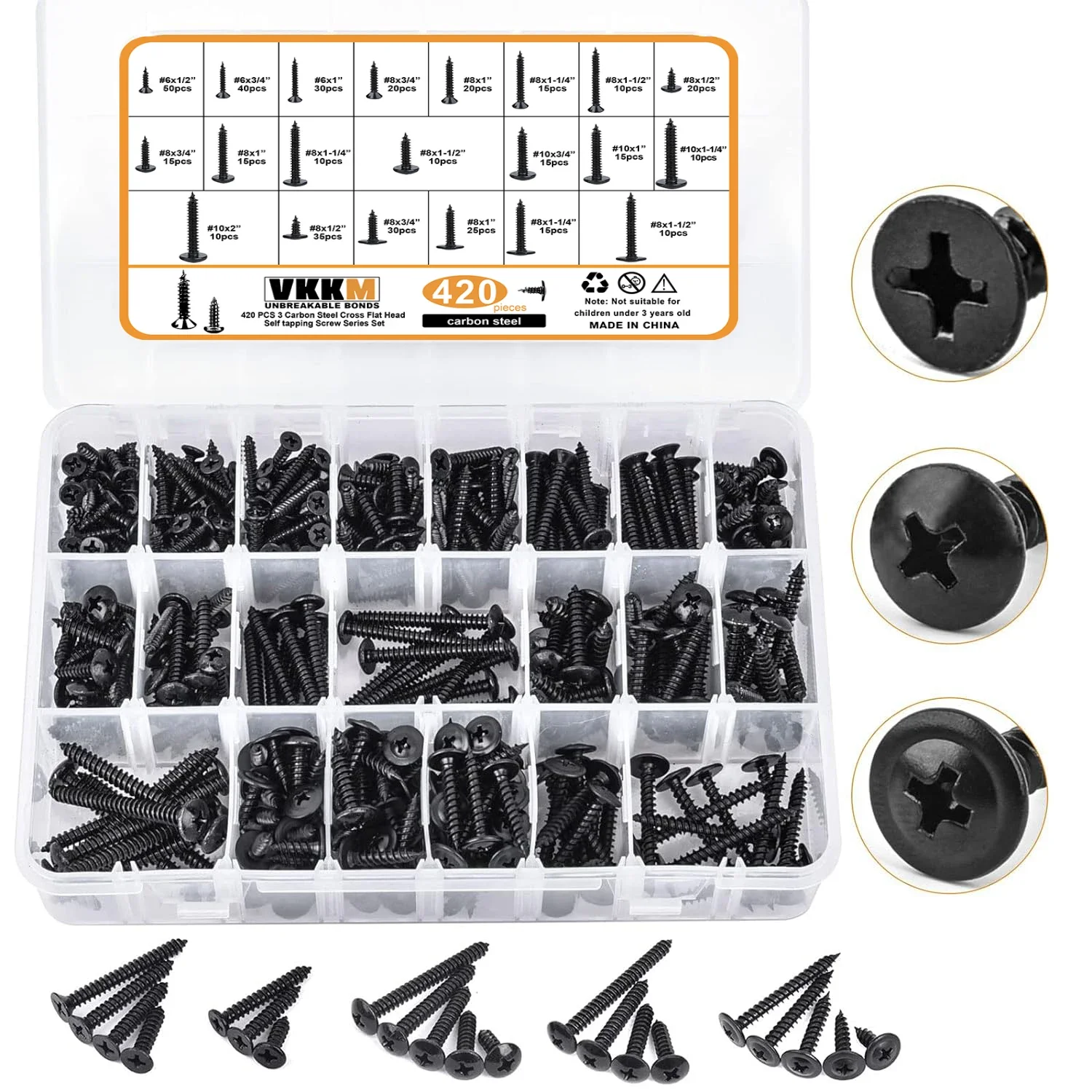 420Pcs Black Self-tapping Screws #6#8#10 Cross Wood Screw Classification Kit (Flat Head, round Head, Large round Head Screws)