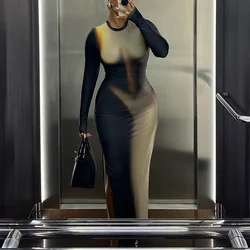 Sexy Splicing Printed Long Sleeve Maxi Dresses for Women Fashion O-neck Bodycon Slit Dress Evening Club Party Outfits 2023