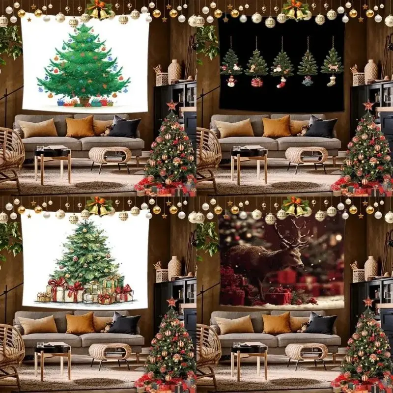 VIKAMA Christmas Wall Tapestry Tree Elk Gift Box Backdrop Polyester Wall Hanging Festival Bedroom Dorm Living Room Home Decor