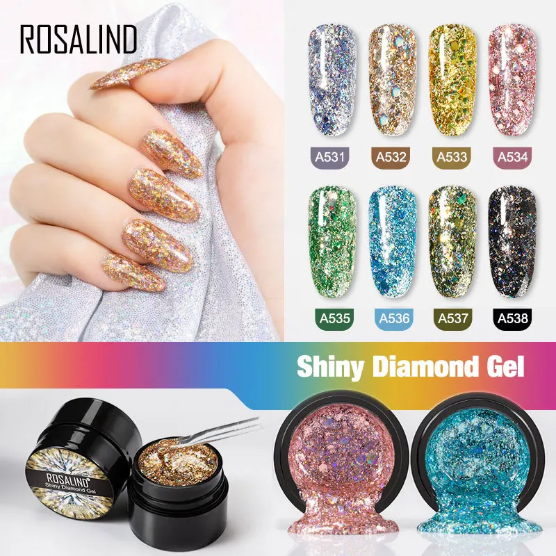 ROSALIND 5ml เงาเจลเล็บภาพวาดเล็บ Vernis กึ่งถาวรเพชร Glitter UV เล็บเจล Top Coat เล็บ