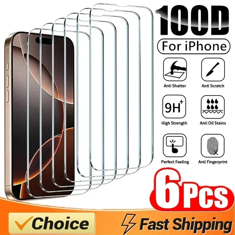 

6Pcs 100D Tempered Glass For iPhone 13 14 11 12 15 16 Pro Max Mini Screen Protector For iPhone XS MAX X XR 7 8 16 Plus SE Glass