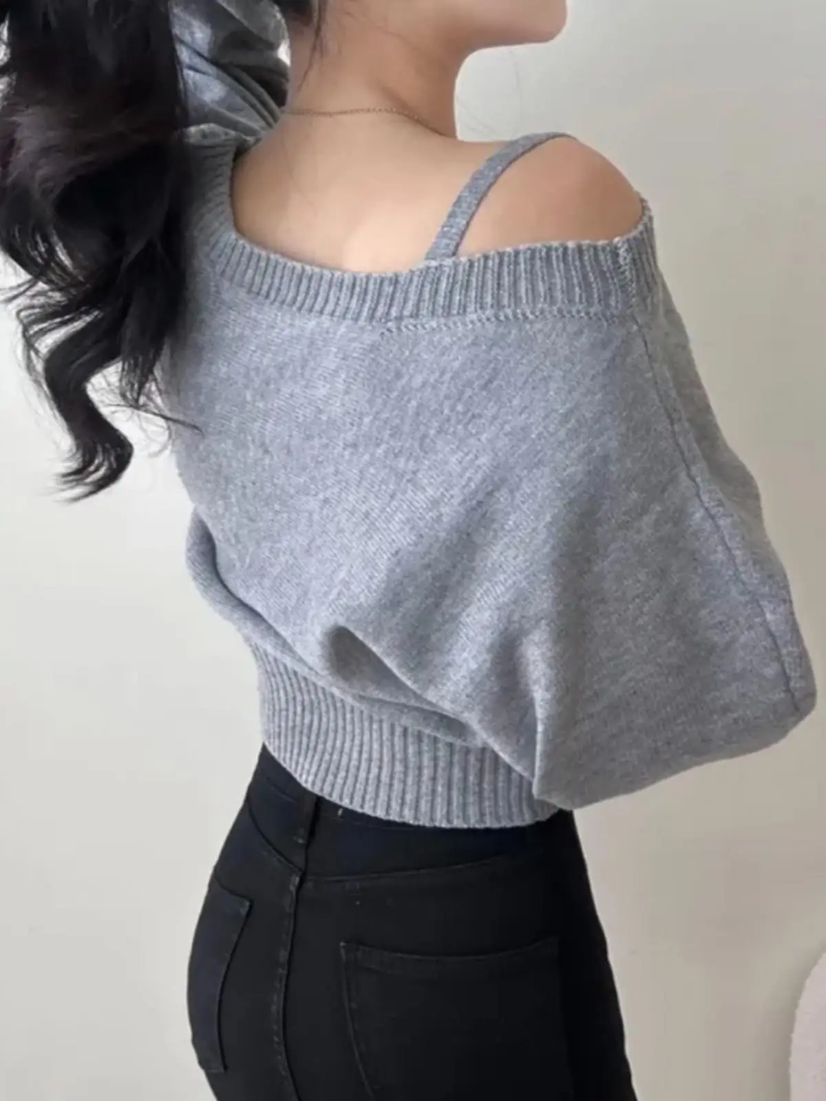 Schicker Oulder Bared Batwing Sve Winter-Strickpullover Long Sve Trendy Commuting Sle Loose Fit Strickwaren in der Länge