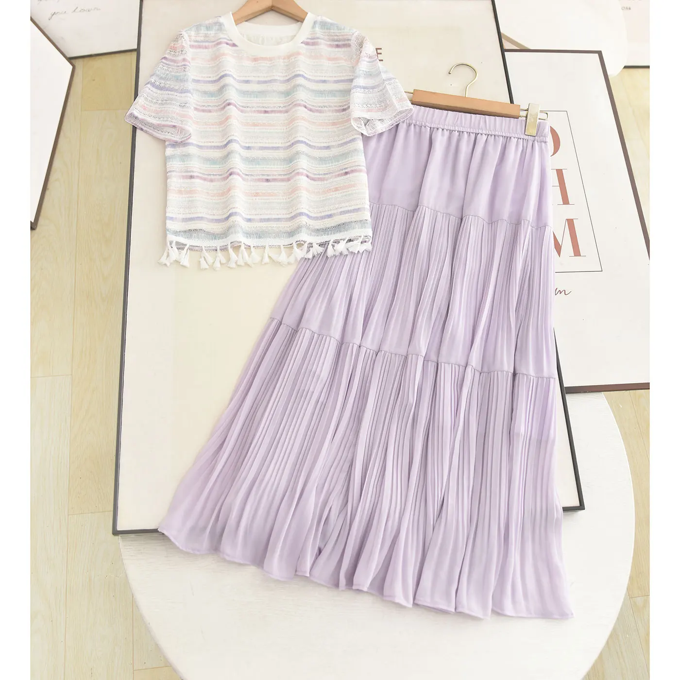 

Sweet Hollow Short Sleeve T-Shirt And High Waist Skirt Set Women's Fashion Summer Outfit Purple Drapey Skirt And Top Set
