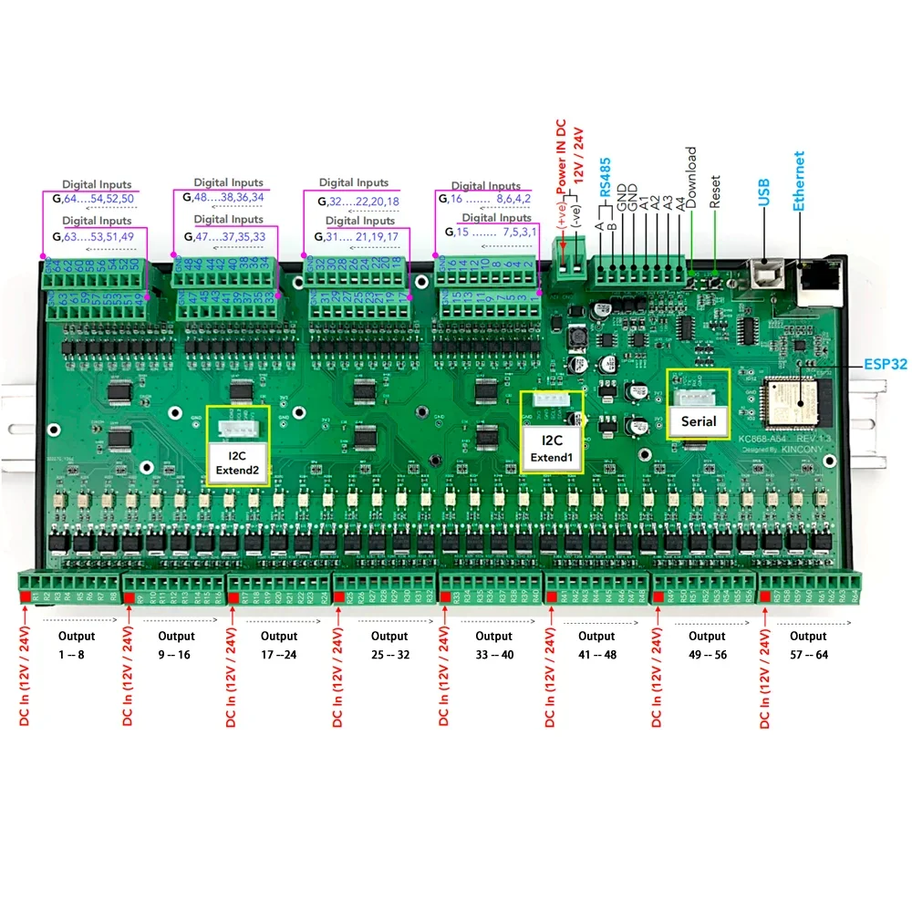 Kincony KC868-A64 ESP32 Wifi  RS232 USB Ethernet Relay Module ADC DAC Arduino IDE home assistant gateway MQTT