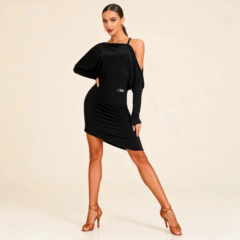 

Long Sleeve Latin Dance Dress Strapless Wrap Design Slim Fitted Skirt Outfit for Women Daily Practice and Stage Performances