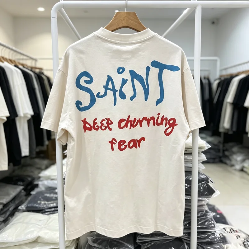 Big Red Heart Print Label T Shirt Mud White Men Women Vintage Washed SAINT Short Sleeve Loose Cotton Tops Tee