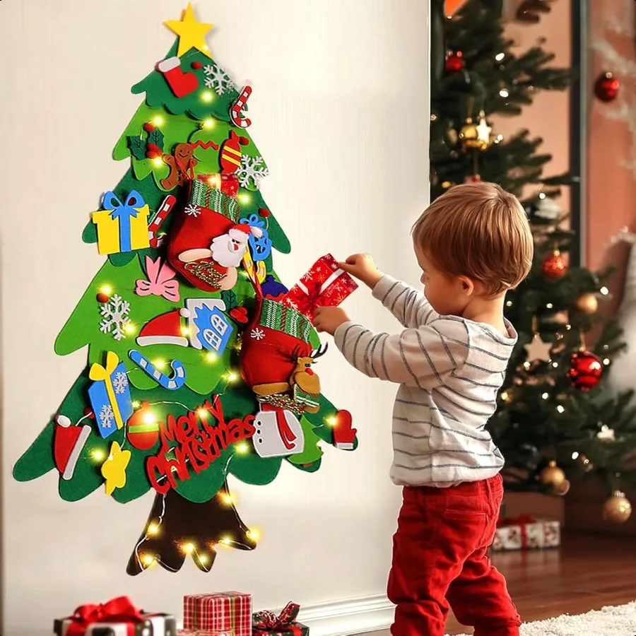 Arbre de noël en feutre pour tout-petits, avec bas de noël, kit de décorations d'ornements muraux suspendus avec guirlandes lumineuses pour