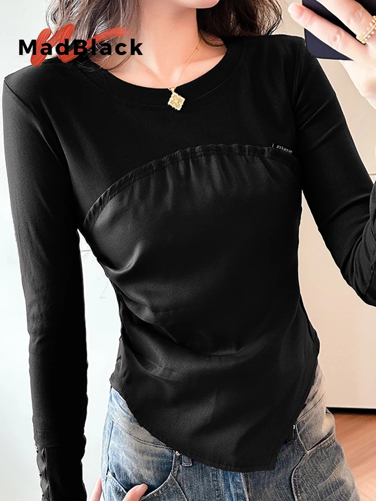 

MadBlack-Women's European T-Shirt, Sexy O Neck Patchwork, Streetwear Long Sleeve Slim S-3XL Asymmetry Tee, 2026 Spring T61011CC