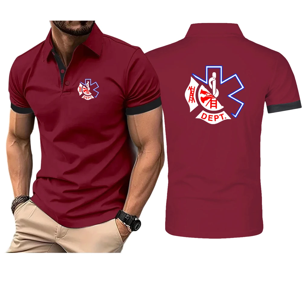 Firefighter Rescue Team Summer Man's EMT Emergency Medical Technician Logo Print Fashion Solid Color Lapel Polo Shirt Casual Top