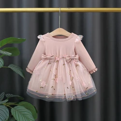 Long Sleeved Girls' Dress Spring And Autumn Baby Girl Double Bow Splicing Flower Embroidery Mesh Princess Dress