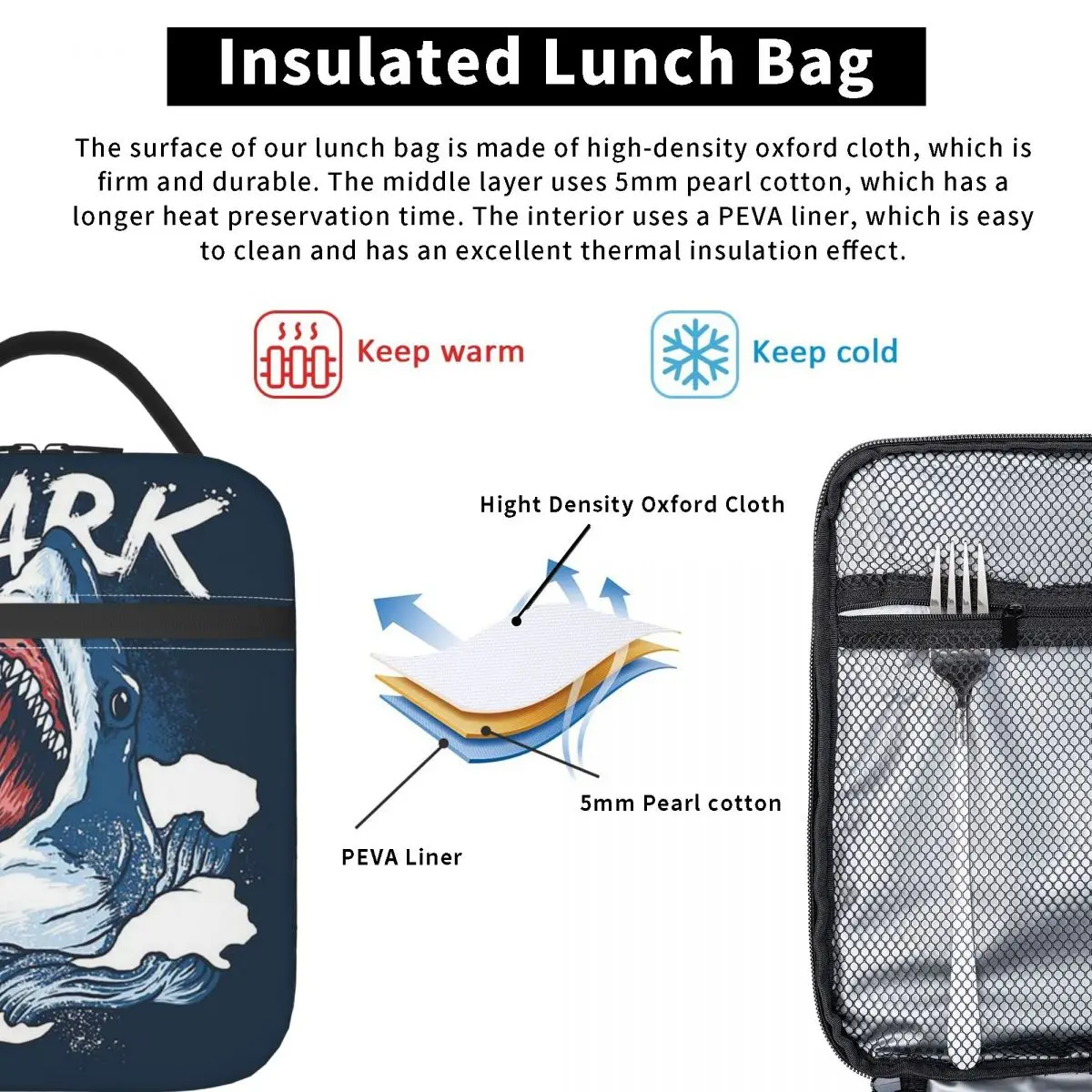 Hand Drawn Stylized Shark Cartoon Insulated Lunch Bag for Women Kids Leakproof Food Boxes Thermal Lunch Box Tote