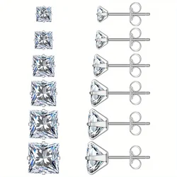 6 pairs Unisex Style Hypoallergenic 316L Medical Stainless Steel Square Cubic Zirconia Stud Earrings Perfect for Holiday Gift