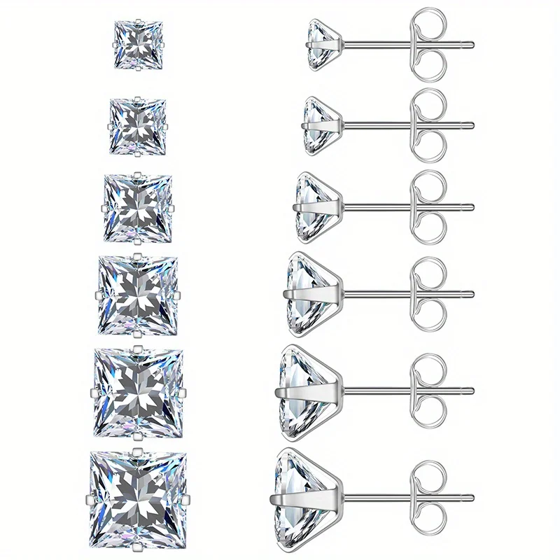6 pairs Unisex Style Hypoallergenic 316L Medical Stainless Steel Square Cubic Zirconia Stud Earrings Perfect for Holiday Gift