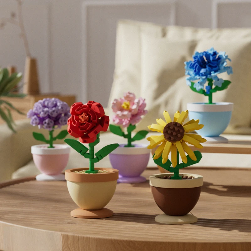 Bausteine, Blumentöpfe, Rosen, Sonnenblumen, Nelken, Mikro-Granulat, Lernspielzeug für Kinder zum Zusammenbauen, Dekorationen – Detail 3