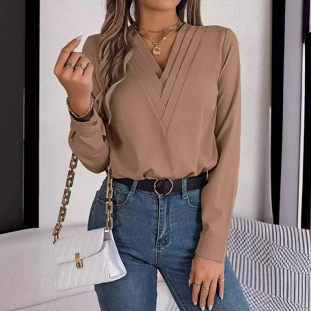 Women Autumn Office Lady White Pullover Shirt Casual V Neck Long Sleeve Solid Basic OL Elegant Workwear Tunic Blouse Chemise Top