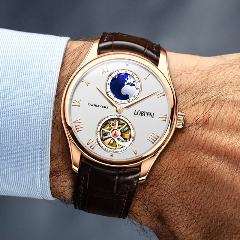 LOBNINI New Brand Mens Automatic Mechanical Watches New Dress Men Watch Advanced Seagull Movement Skeleton Watches