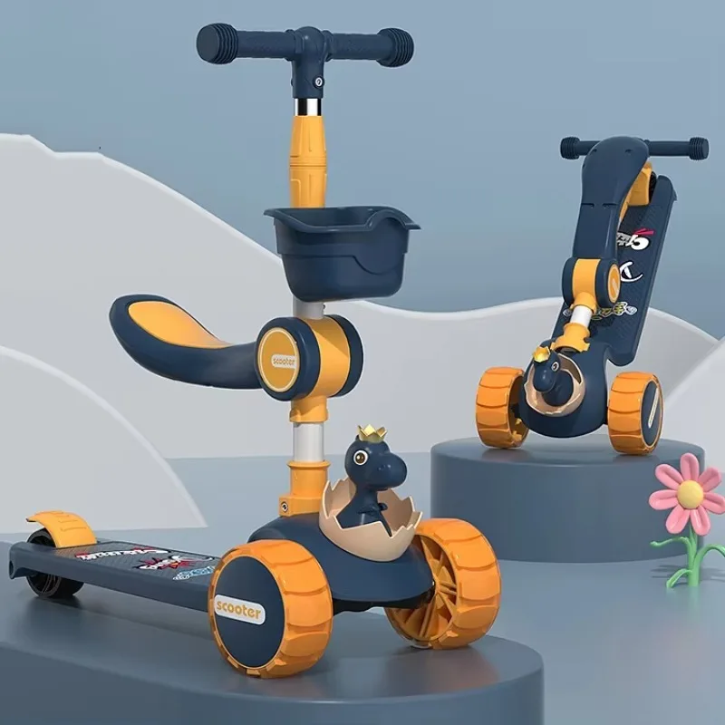 Children's three-wheeled plastic scooter with light and music foldable design