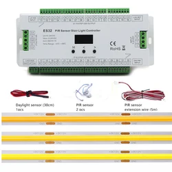 Bande lumineuse LED COB avec capteur de mouvement PIR, veilleuse avec effet de mouvement pour escalier, marches et échelle, contrôleur de bande, 12V, 32CH, ES32