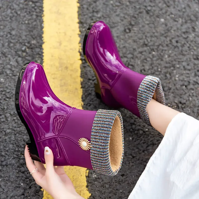 Damen-Regenstiefel, wasserdicht, rutschfest, kurze Röhre, gefüttert, Baumwolle, warm, für alle Jahreszeiten, koreanischer Stil, Mode