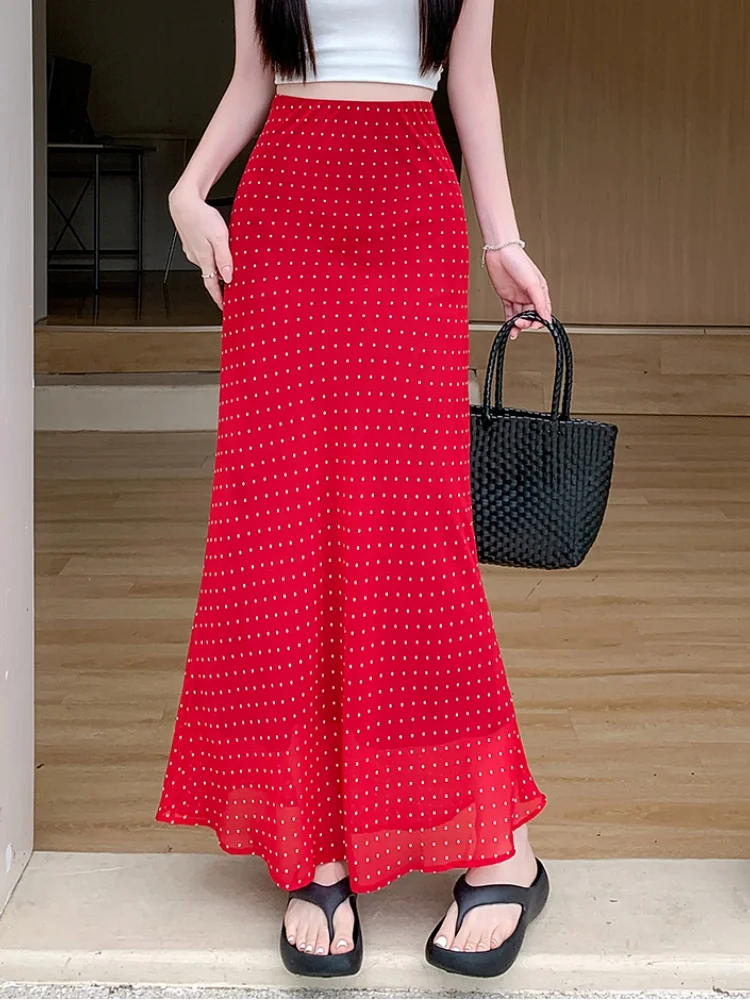 

SMTHMA 2025 New Summer Red Dot Retro High Waist Slim Skirt Women's Fashion Mid Length Chiffon A-Line Long Skirt