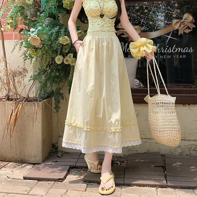 Women's Yellow Lace Trim A-Line Skirt High Waist Casual Sweet Midi Skirt