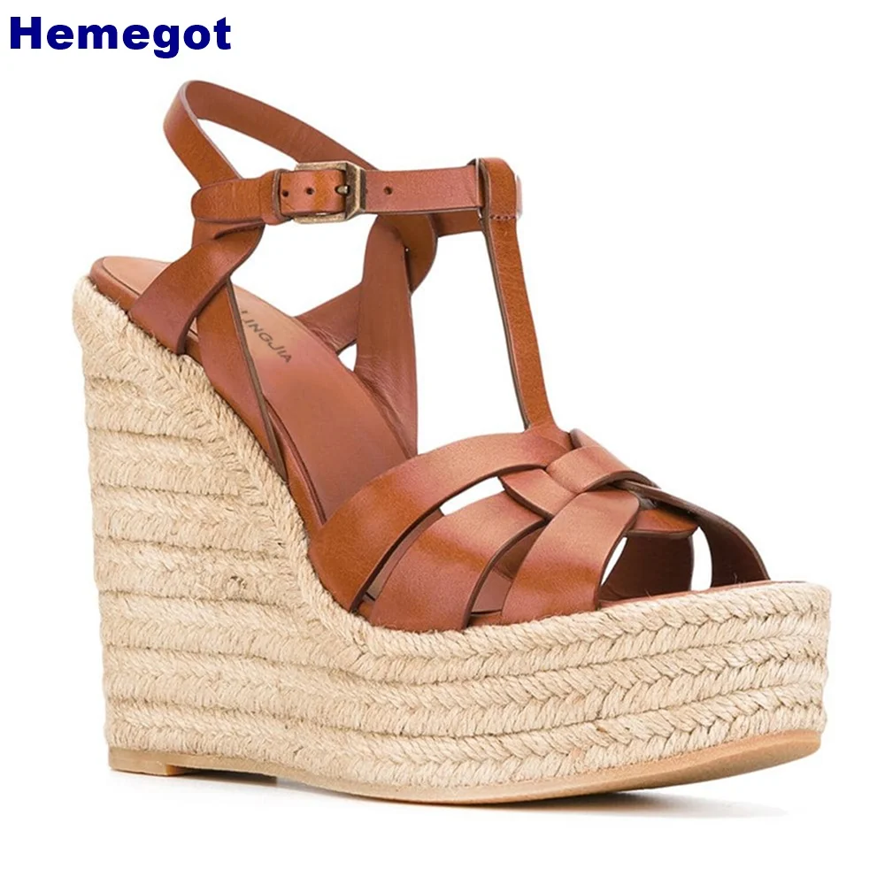 

Platform Hemp Rope Braided Roman Sandals T-Strap Wedge Heels Summer Casual Vacation Buckle Fashion Ladies Solid Color Sandals