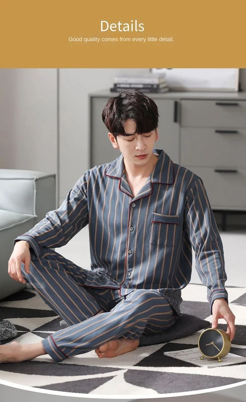 Frühling Herren Herbst und Winter langärmelige lange Hosen mittleren Alters dünner Abschnitt von Pyjamas Nachtwäsche Homewear Anzug Loungewear – Detail 4