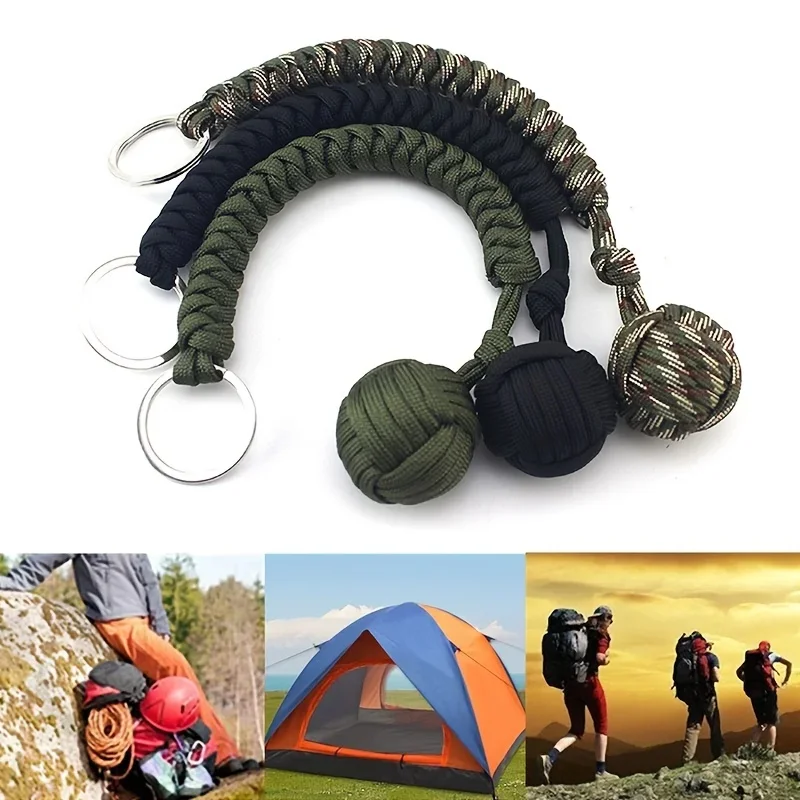 Monkey Fist Steel Ball Paracord Keychain, Outdoor Survival Self‑Defense Umbrella Rope, Emergency Safety Protection Accessorie