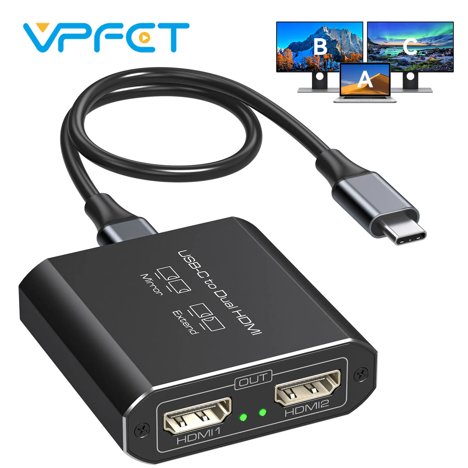

VPFET USB C to Dual HDMI Adapter 4K@60Hz Type C to HDMI Splitter for 2 Monitors Hub Extend Display for Windows Not Support MST