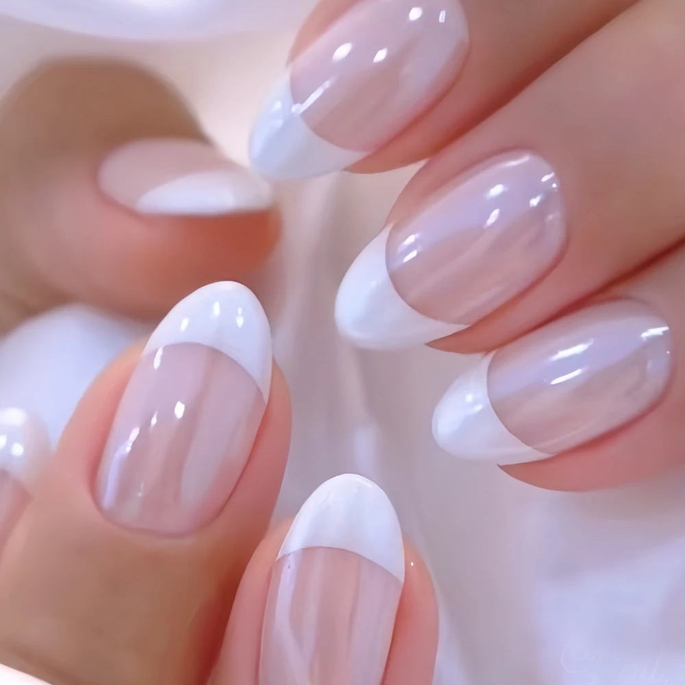 

24Pcs Almond-Shaped High-End White French Minimalist Fake Nails with Mirror Powder Design, DIY Wearable Nails Suitable for Home Parties, Removable Fake Nails Suitable for Daily Dating Wear, Reusable Wearable Nails with Jelly Glue and File Strips Included