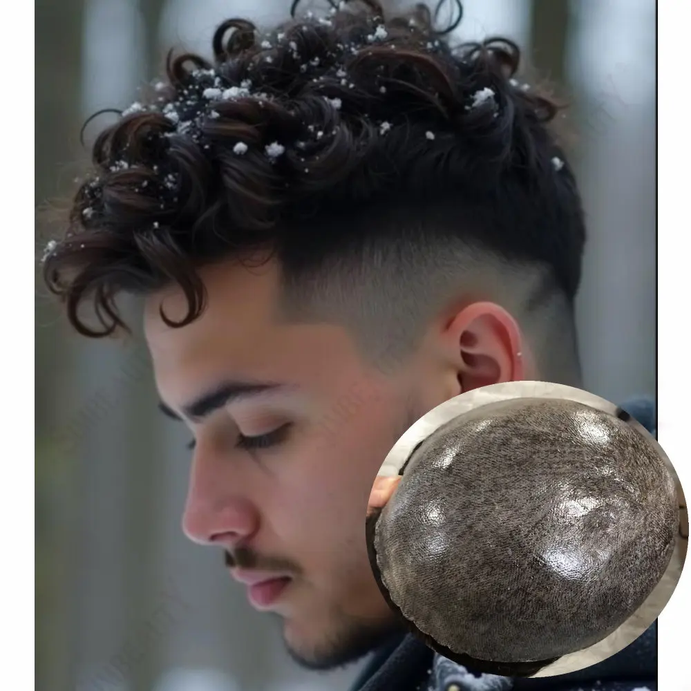 

22 мм вьющиеся коричневые, серые, черные парики из 100% человеческих волос, тонкая кожа, мужской парик, естественная линия волос, полный PU 0,1 мм, мужской капиллярный протез