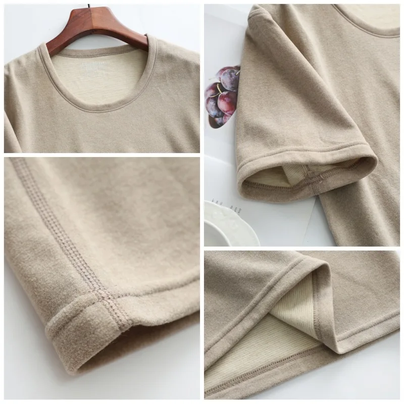 ملابس اخلية حرارية بأكمام قصيرة مقاومة للبرودة ملابس داخلية حرارية بلوفر ناعم مبطن بالصوف شتوي برقبة دائرية قمصان مرنة قاع #5