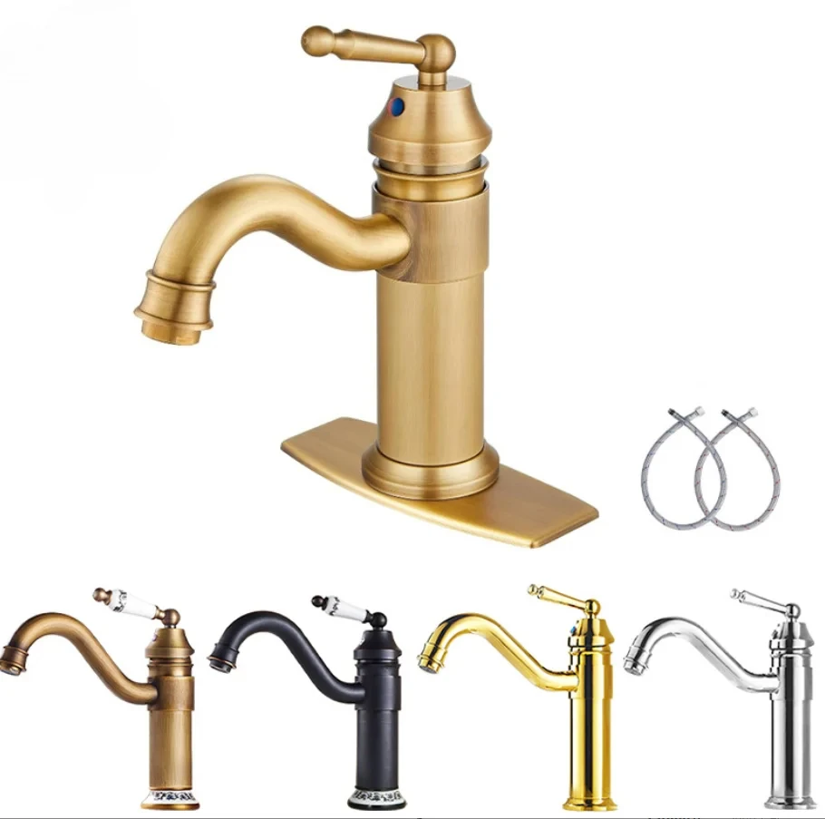 Brass antique European-style hot and cold water bathroom cabinet with raised single-hole countertop basin and retro faucet