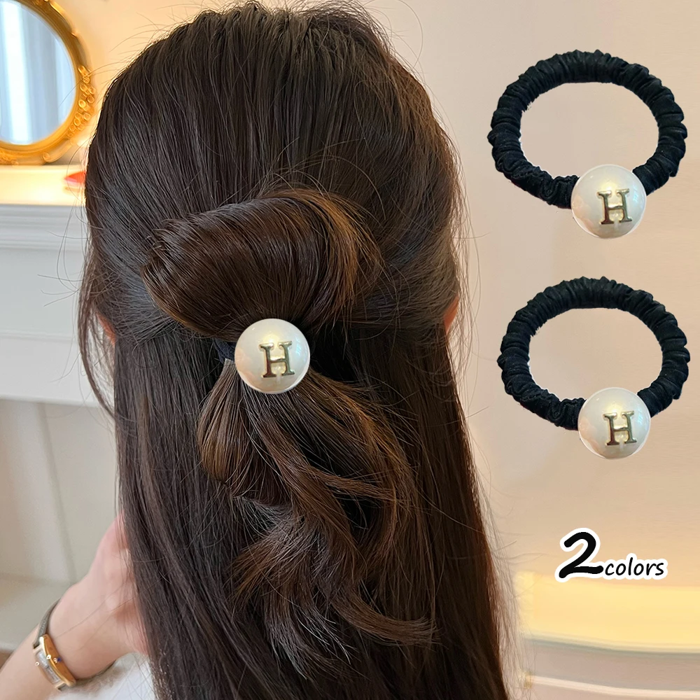 Fashion Circular Pearl “H” Letter Elastics Hair Ties Ponytail Hair Rope for Women Girl Party Sweet Headwear Hair Accessories