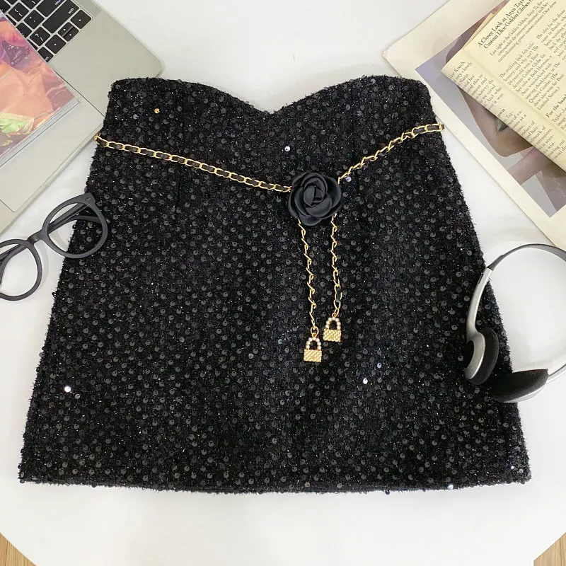Women White A-line Mini Wrap Skirt Vintage Sequins Skirt Harajuku Korean Style Y2k High Waist Short Skirts 2000s Clothes Summer
