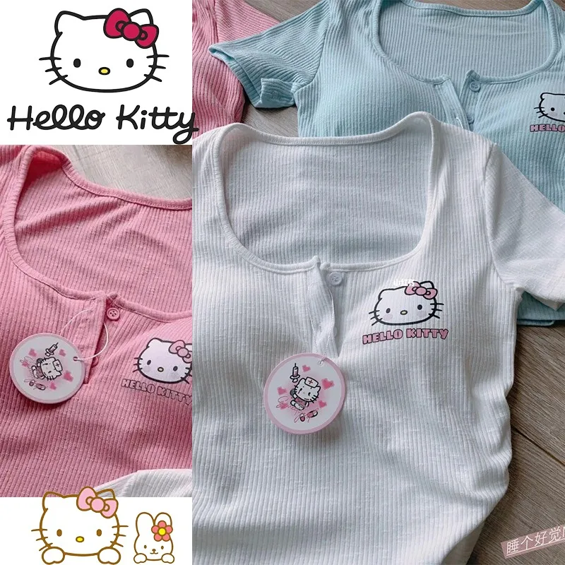 Nowy Sanrio Hello Kitty seksowna bielizna z krótkim rękawem modny Trend damski t-shirt z okrągłym dekoltem Top kreskówka z wkładek do biustonosza