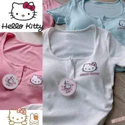 Nowy Sanrio Hello Kitty seksowna bielizna z krótkim rękawem modny Trend damski t-shirt z okrągłym dekoltem Top kreskówka z wkładek do biustonosza bielizną