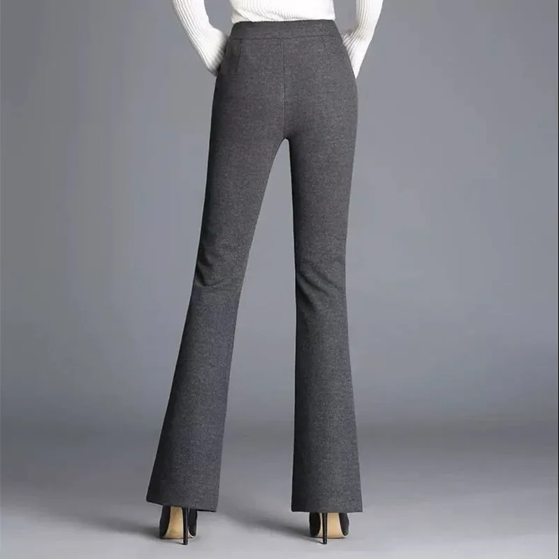 Korean Casual High Waist Solid Gray Slim Woolen Flared Pants Style Classic Pants Female Formal Chic Big Size 4XL Flare Trousers