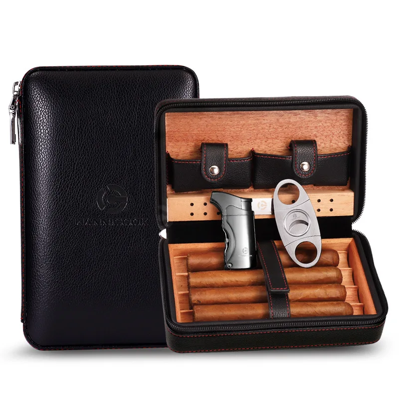 

Cigar humidor, lighter, cigar clipper, capable of storing 4 cigarettes, portable 3-in-1, multi-functional.