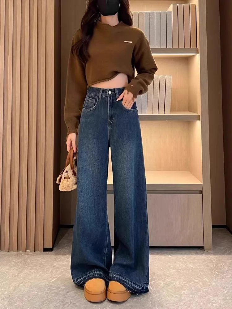 

Plus Size Jeans Vintage Street Wide Leg Pant Women 2025 Fall/Winter New High Waist Slimming Straight Trousers Ladies Denim Pants
