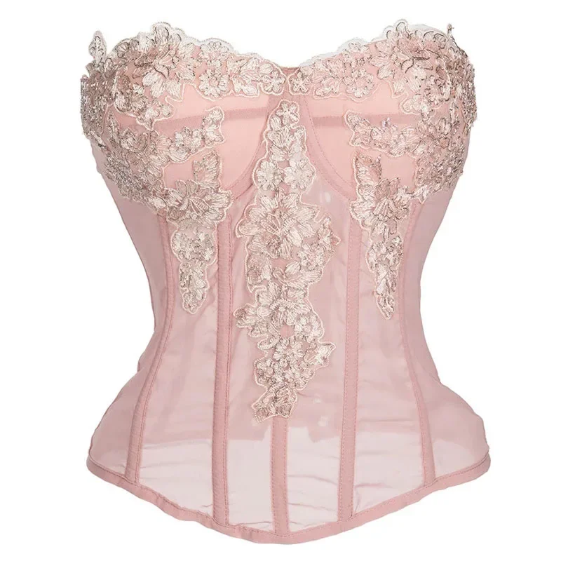 

Pink Chiffon Lace Applique Corsets Top Overbust Bustiers Embroidery Padded Cup Lingerie Slimming Gothic Steampunk Women Corsets