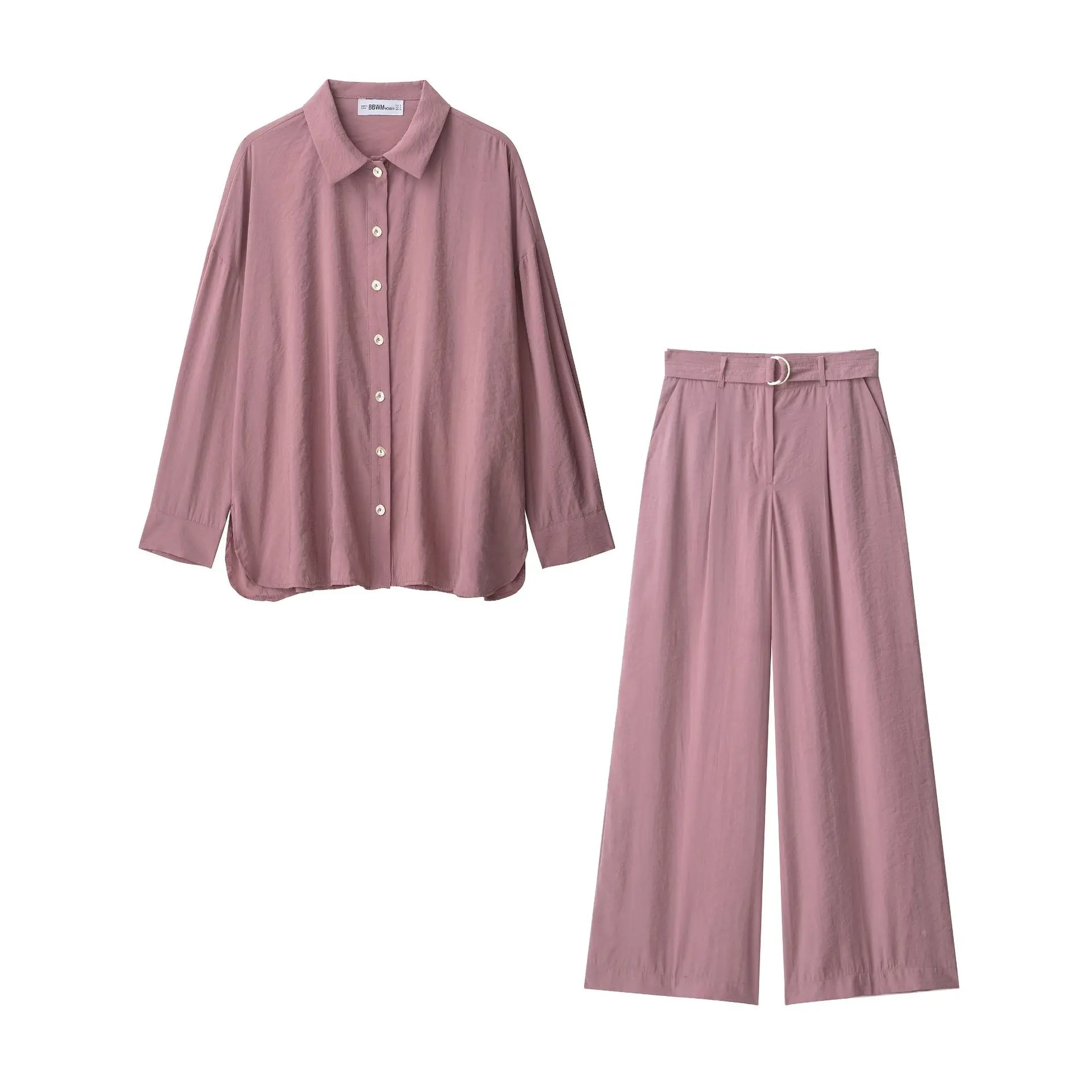 

Chic Pink Women Casual Suit Single Breasted Loose Shirt+Sashes Zipper Pockets Long Pants Fashion 2025 Elegant Female Set