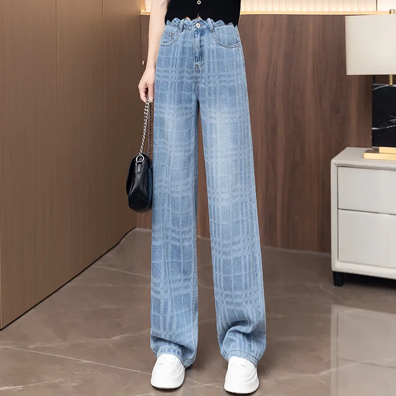 جينز ضيق واسع الساق للنساء، تصميم جاكار خريفي، سروال فضفاض متعدد الاستخدامات للتخسيس مستقيم الساق بطول الأرض