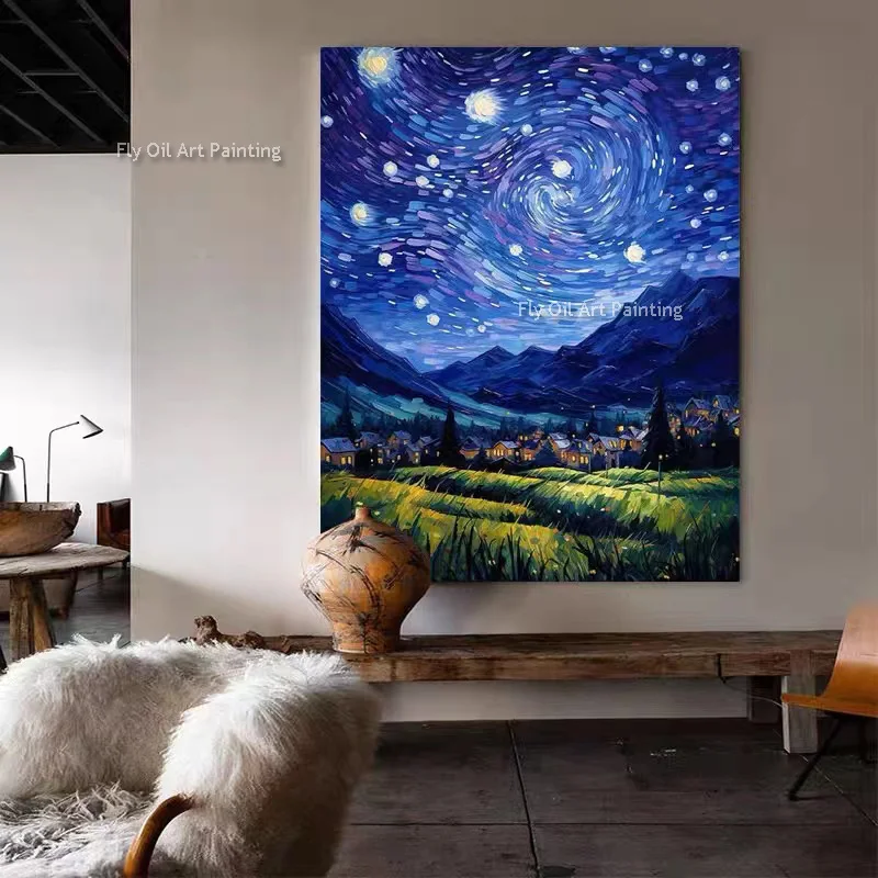 

Original Van Gogh Starry Sky Oil Painting Handmade Beautiful Night Sky Canvas Artwork Modern Wall Decor For Bedroom New Design
