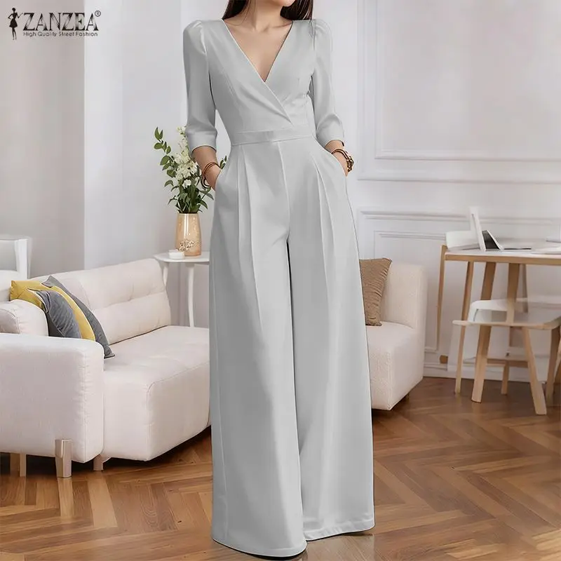 

Женские комбинезоны ZANZEA OL Work, однотонные, летние, с рукавами 3/4, с V-образным вырезом, однотонные комбинезоны с широкими штанинами, уличная одежда для вечеринок