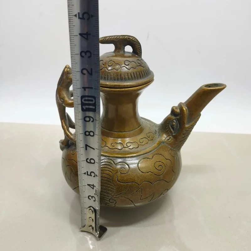 -style copper kettle ornament with embossed animal handle, home craft decoration, antique collectible