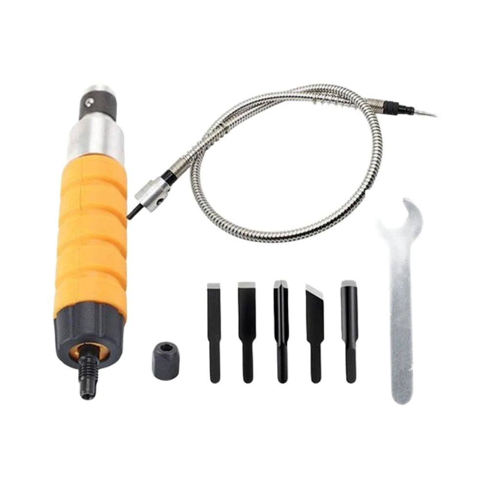 Flexible Shaft Wood Carving Tool with Electric Grinder Interface and 5 Interchangeable Chisel Heads for Intricate Designs